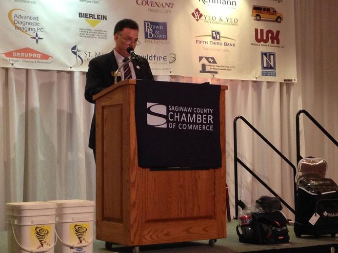 Kevin giving a speech at the Saginaw Chamber Perc Breakfast 